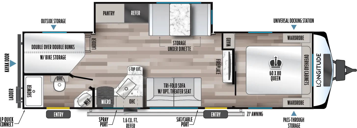 The 285BH has one slideout and two entries. Exterior features front pass-through storage with universal docking station, 21 foot awning, satellite/cable port, refrigerator, spray port, LP quick connect, and rear ladder and kayak door. Interior layout front to back: foot-facing queen bed with overhead cabinets, wardrobes on each side, and off-door side wardrobe; fireplace and TV along inner wall; off-door side slideout with dinette with storage below, refrigerator, and pantry; door side entry, tri-fold sofa (optional theater seat), kitchen counter with extension, sink, overhead cabinet, microwave, and cooktop; rear off-door side double over double bunks with bike storage; rear door side full pass-through bathroom with medicine cabinet, overhead cabinet, and second entry.